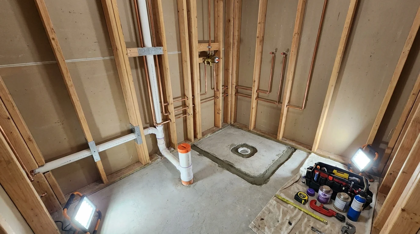Bathroom rough-in plumbing during remodel by Johns Plumbing LLC in Warren