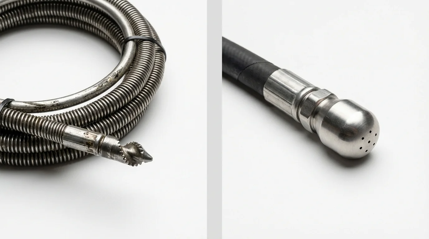 Drain snake cable and hydro jetting nozzle used for drain cleaning in Warren, ME