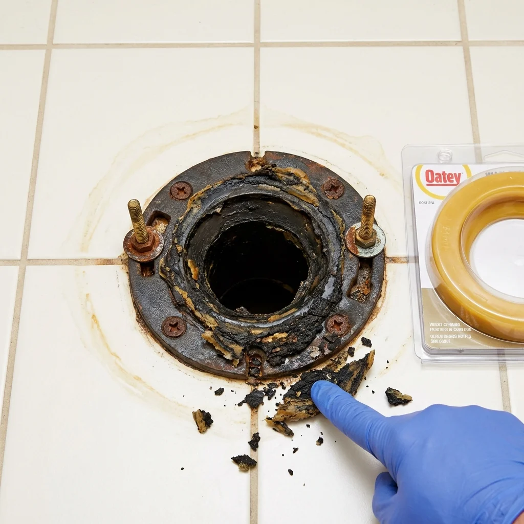 Failed wax ring showing water seepage at the base of a toilet in a Warren, ME home