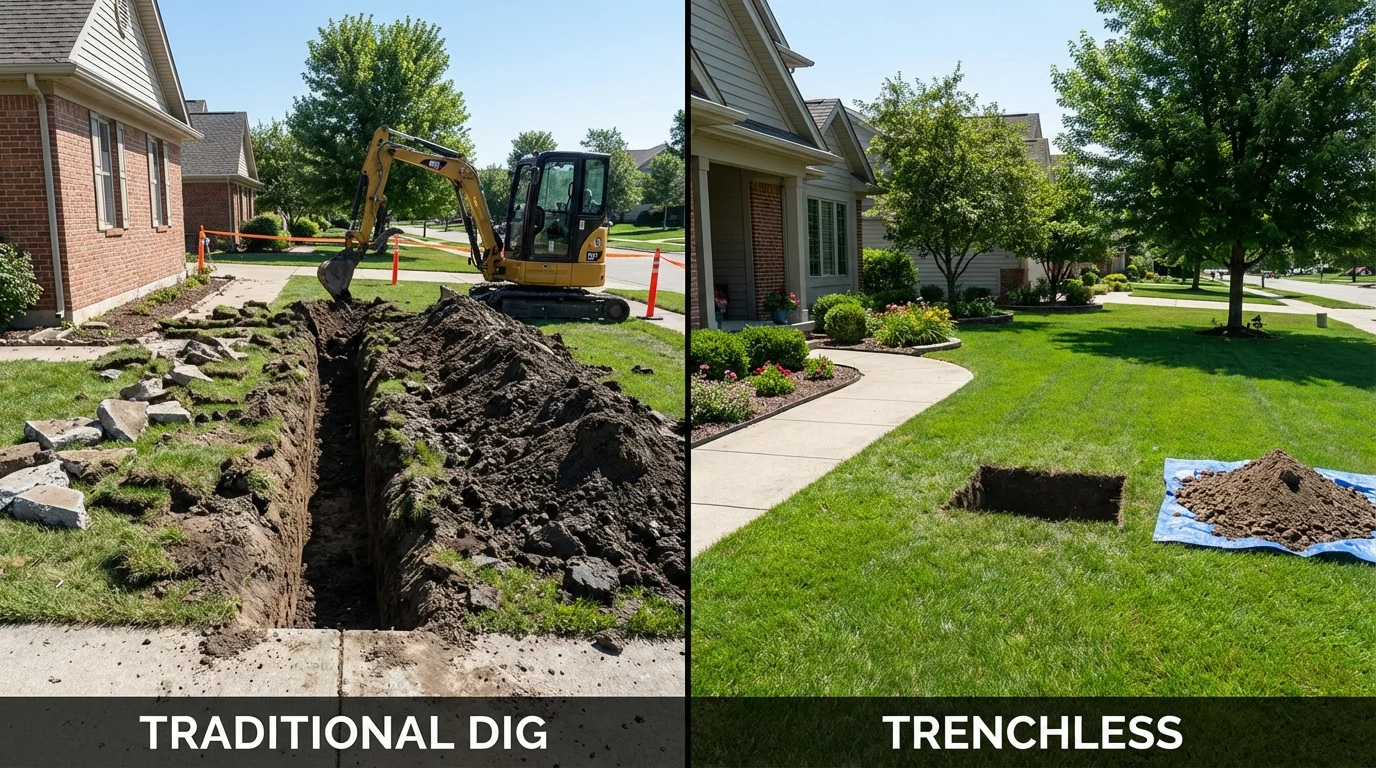 Trenchless sewer repair with minimal yard damage versus traditional excavation in Warren, ME