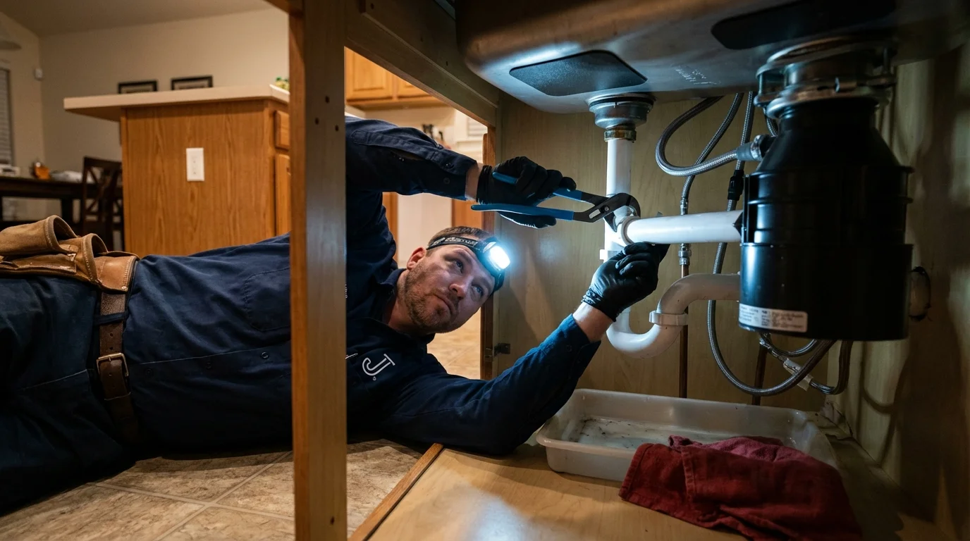 P-trap and supply line connections under a kitchen sink showing a common leak point in Warren, ME